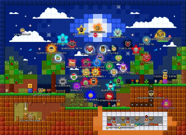 A fun, retro 2D pixel art scene from the game Everybody Edits. Dozens of smiley face players are scattered across a blocky platformer level with grass, dirt caves, and a starry night sky featuring a large moon shape. Players wear neat accessories like hats, ears, and auras.